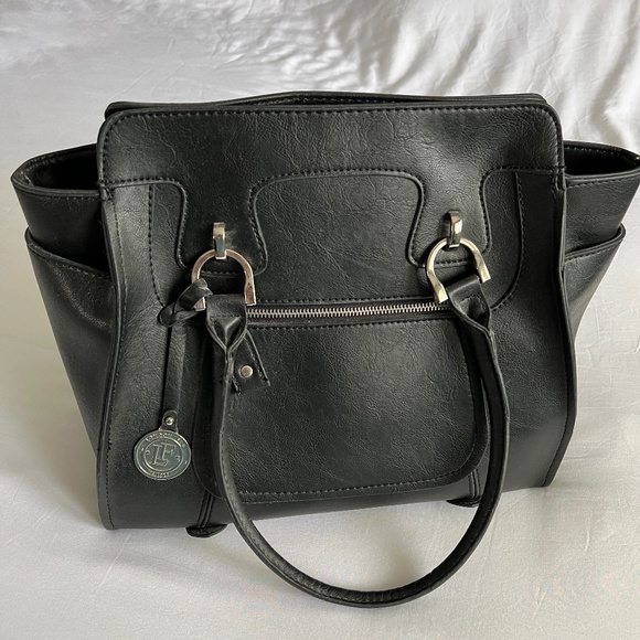 London Fog Black Faux Leather Satchel Handbag with Silver Hardware - Picture 2 of 15